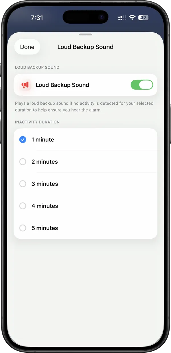 ProAlarm Loud Backup Sound settings with an inactivity delay