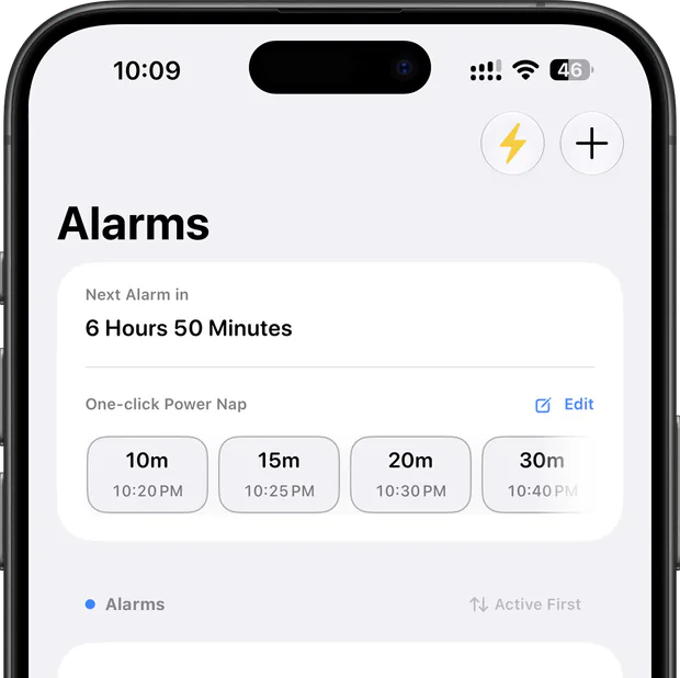 The ProAlarm alarm list with one-click power nap presets for 10, 15, 20, and 30 minutes