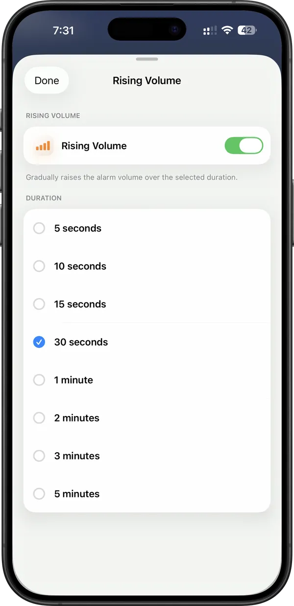 ProAlarm Rising Volume settings with selectable ramp durations