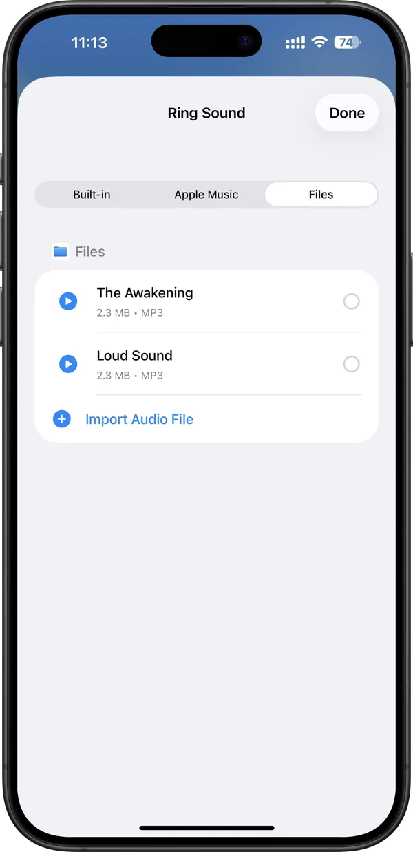 Choosing an imported audio file as a ProAlarm alarm sound