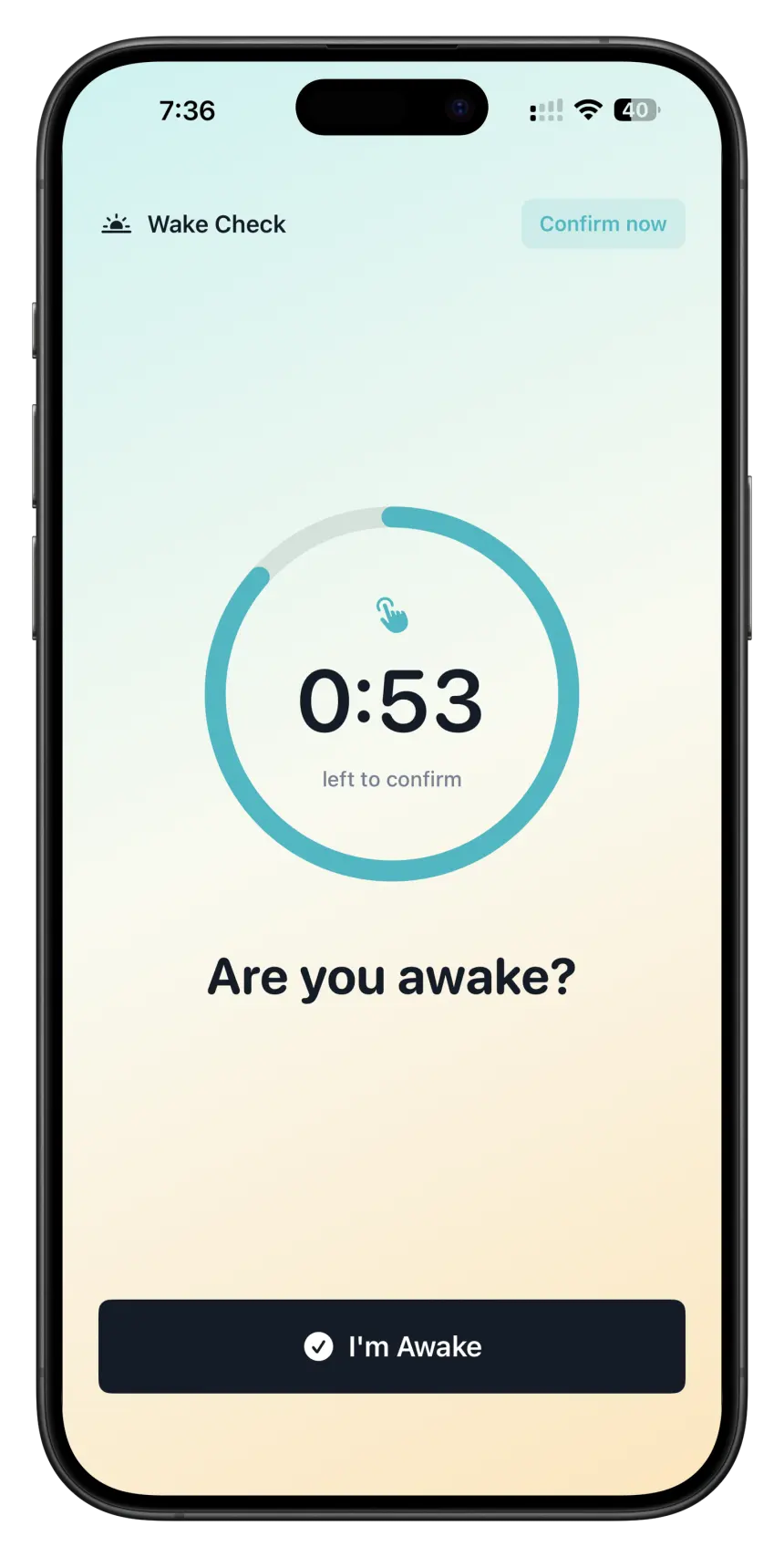 ProAlarm asking the user to confirm they are still awake